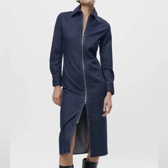 Zara zippered dark denim column midi dress 2-way zip 100% cotton long sleeve - Picture 1 of 10